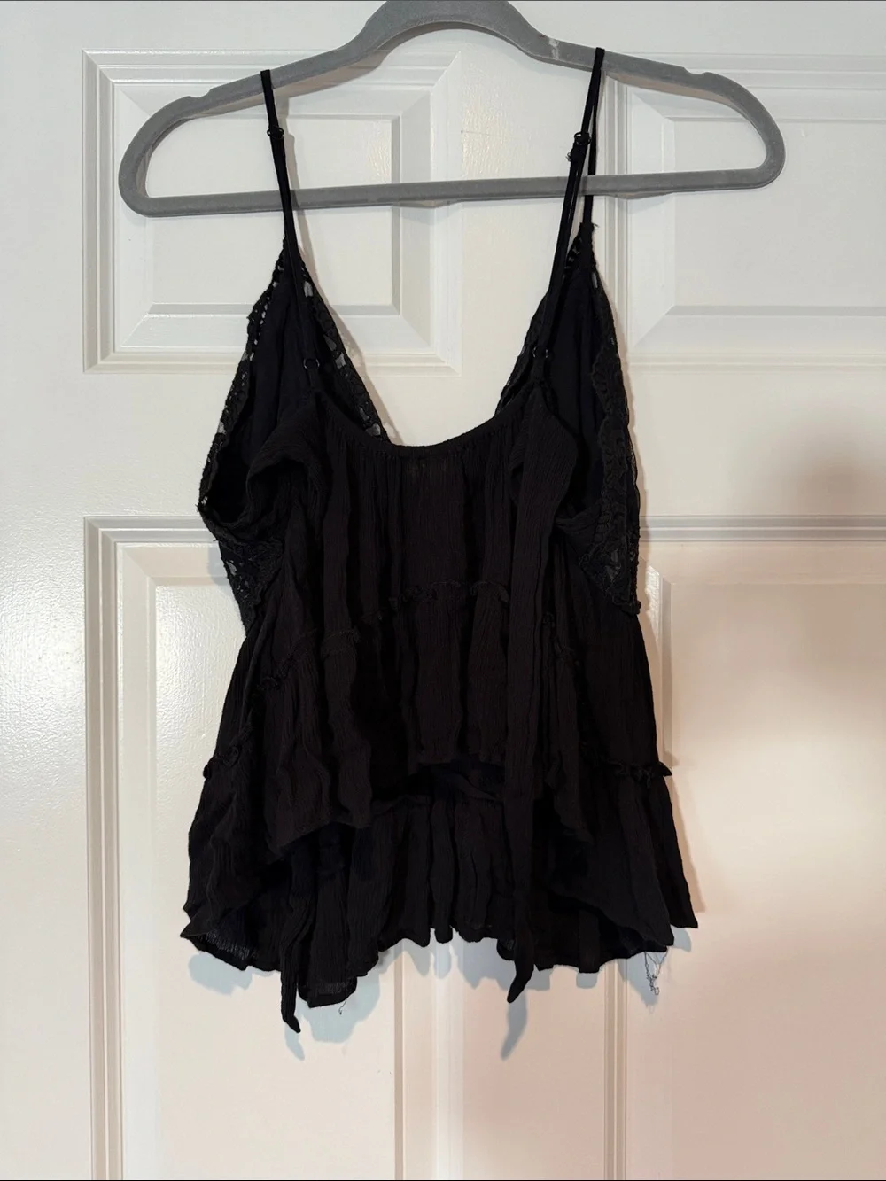 Free People Black Lace-Trim Tiered Spaghetti Strap Tank